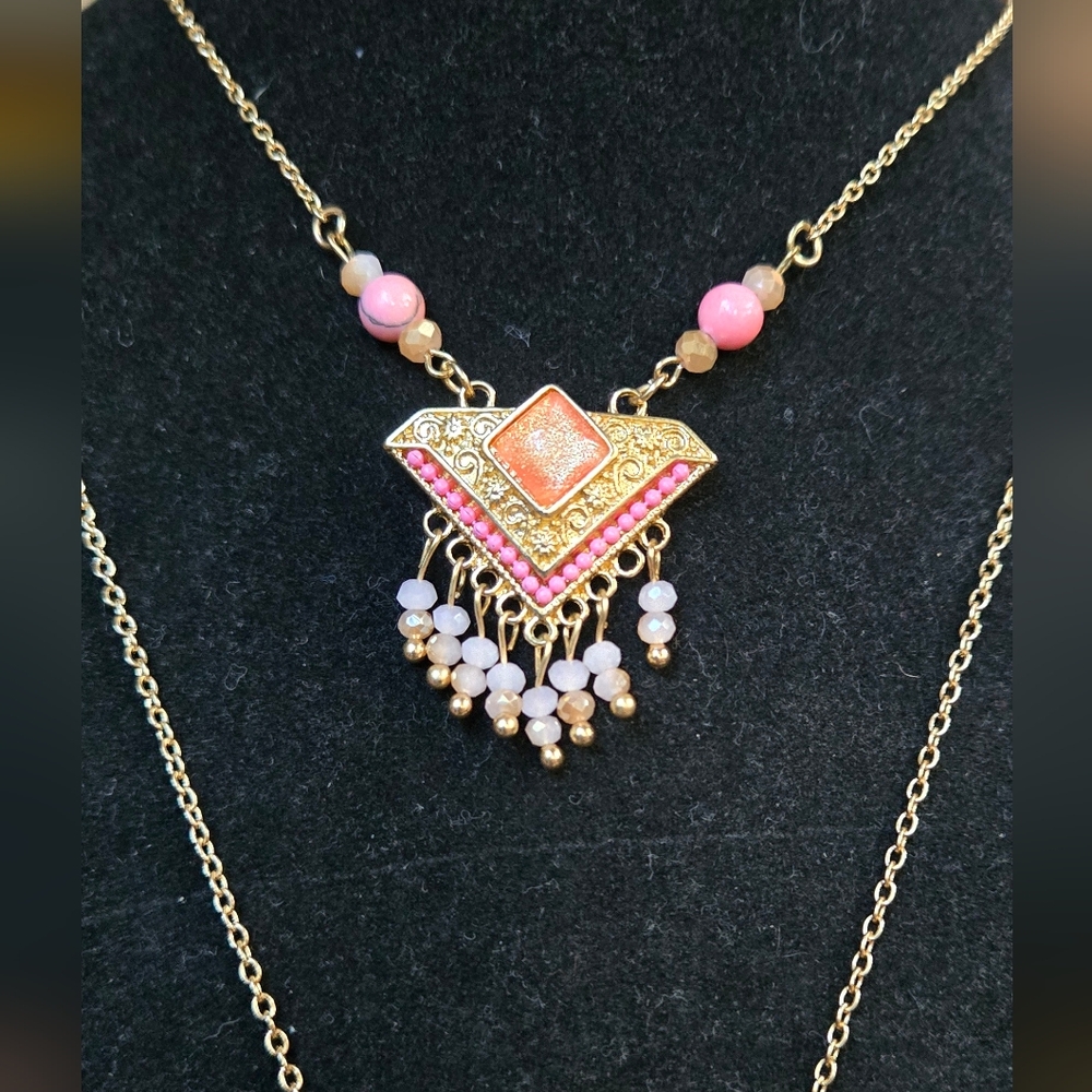 Handmade dual peach tribal style long statement necklace sz34" - Picture 4 of 7